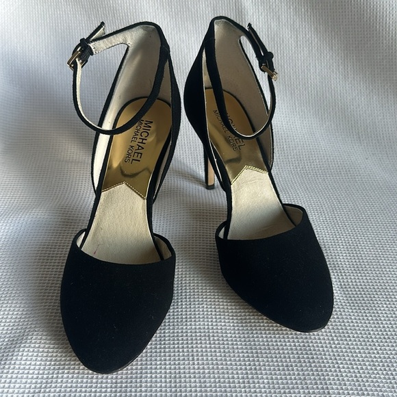 Michael Kors Georgia Black Suede Ankle Strap High Heels Gold Accent Size 6.5 - Picture 5 of 10
